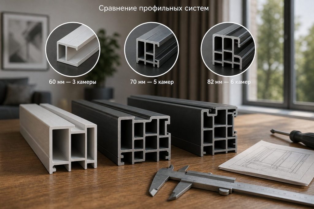 Сравнение срезов 60 мм 3-камерного и 70-82 мм 5-камерного профилей
