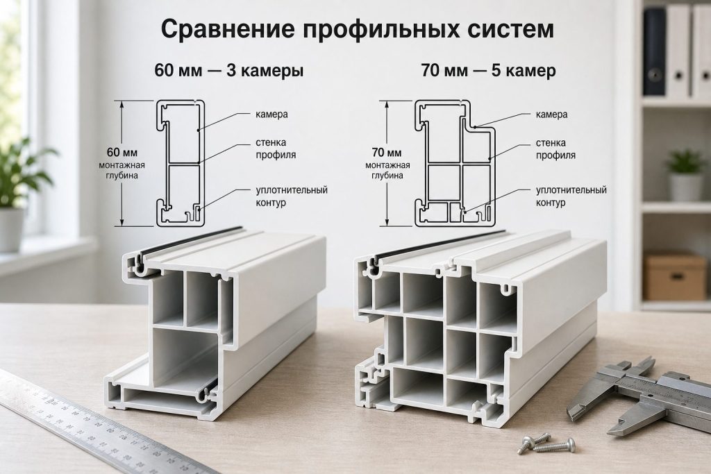 Срезы профильных систем 60 мм и 70 мм с количеством камер