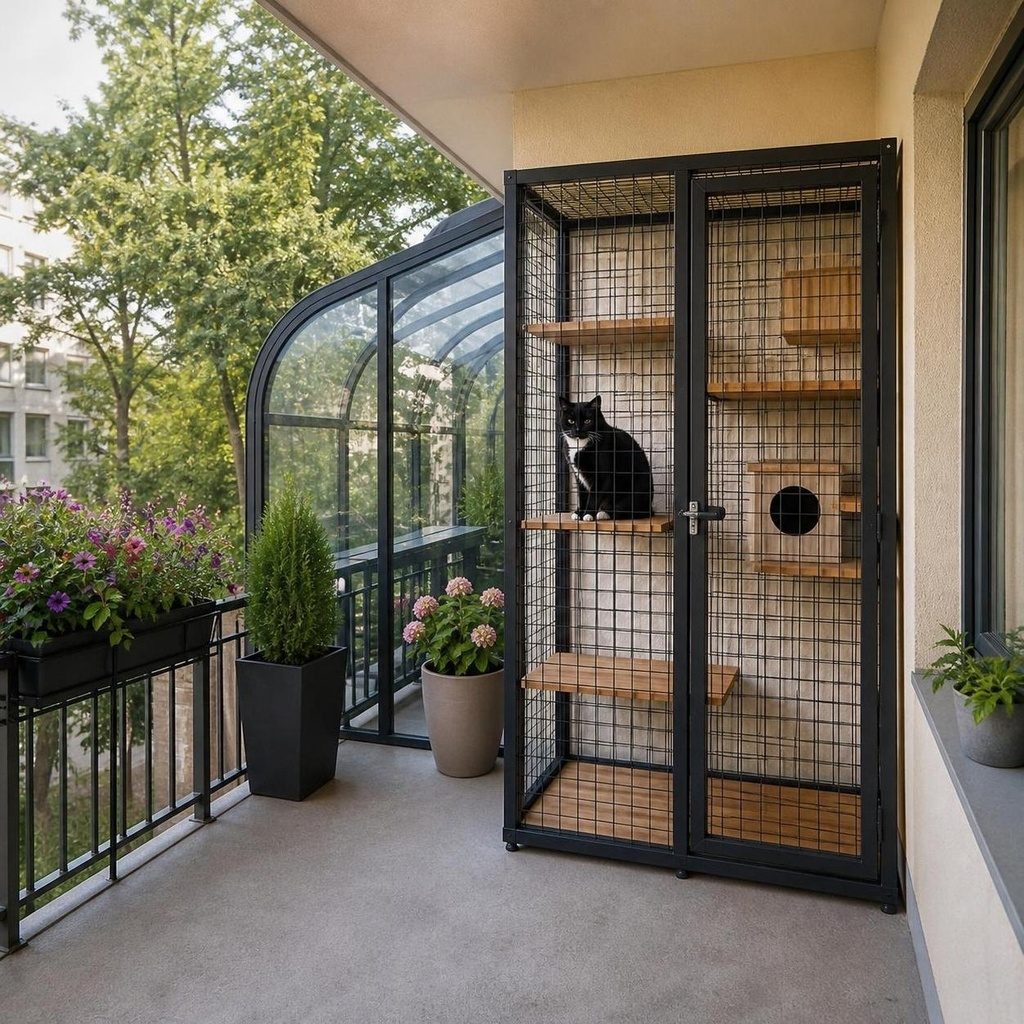 Вольер catio для кошки на балконе с прочным сетчатым ограждением