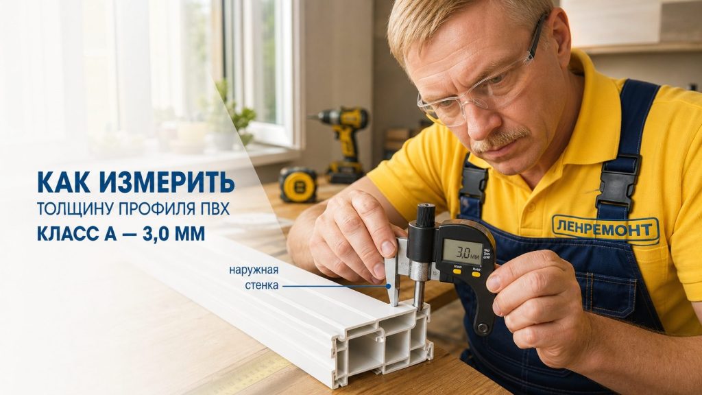 Измерение толщины стенки микрометром на образце профиля