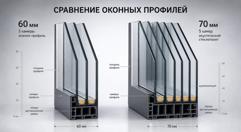 Сравнение 60 мм эконом профиля и 70 мм акустического стеклопакета