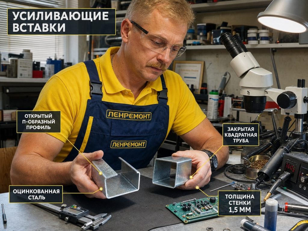 Мастер Ленремонта показывает оцинкованное стальное армирование рамы