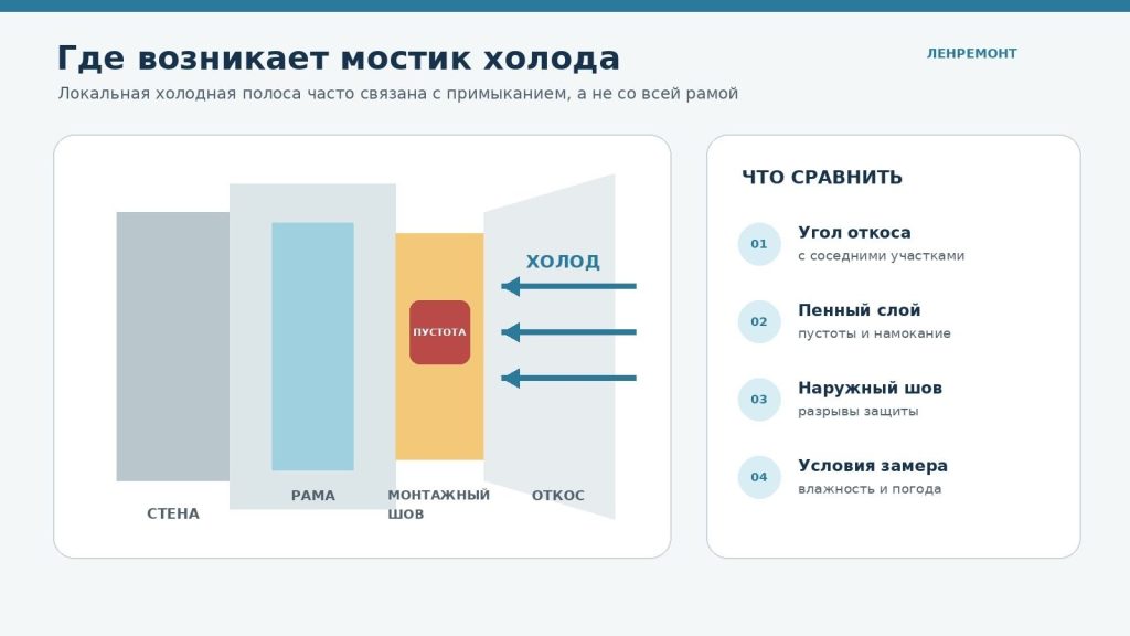 Схема мостика холода и пустоты в монтажном шве окна ПВХ