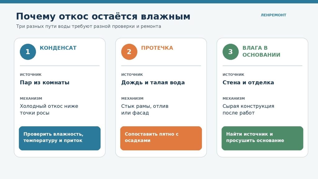 Схема трёх причин влаги на оконном откосе: конденсат, протечка и сырость основания