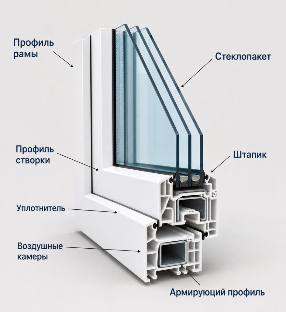3D схема внутреннего строения современного металлопластикового окна