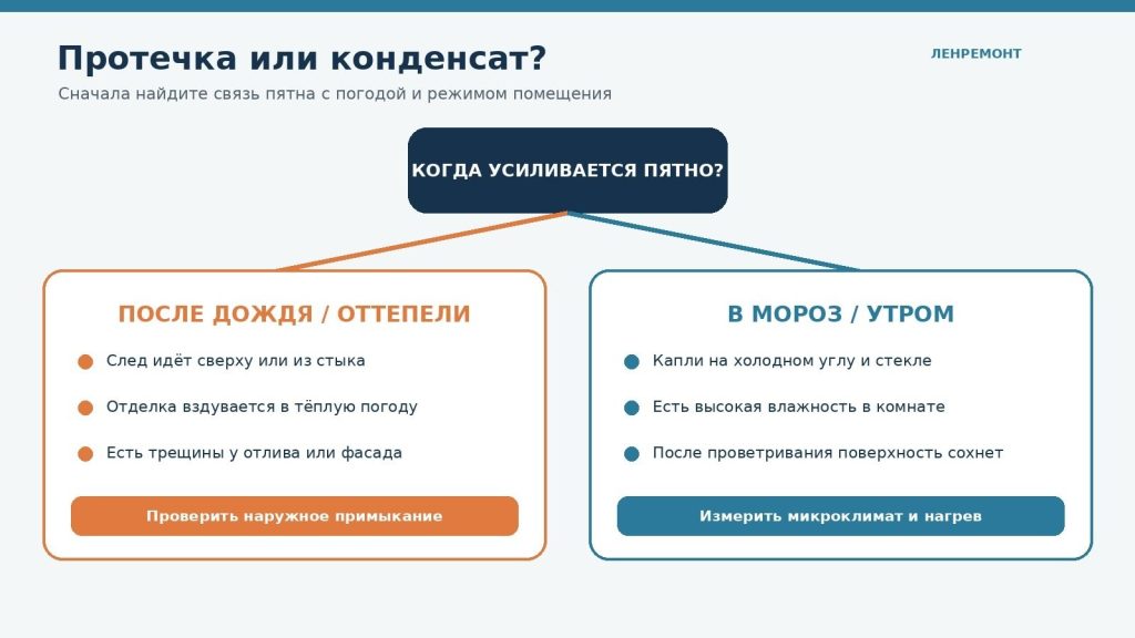 Схема отличий протечки возле окна от конденсата на откосе
