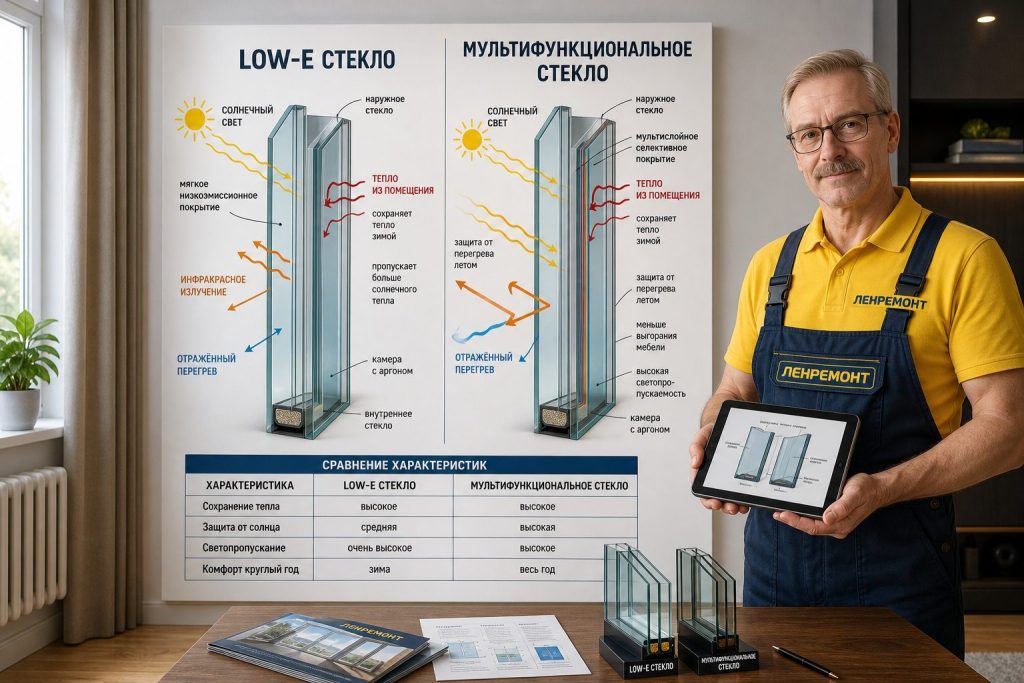 Схема отражения тепла и солнечных лучей стеклами Low-E и Solar