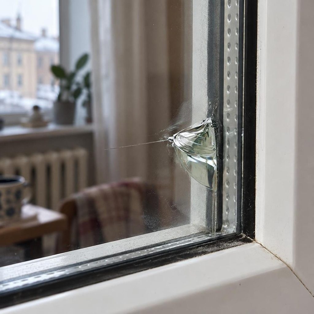 Скол на кромке стекла около уплотнителя и штапика