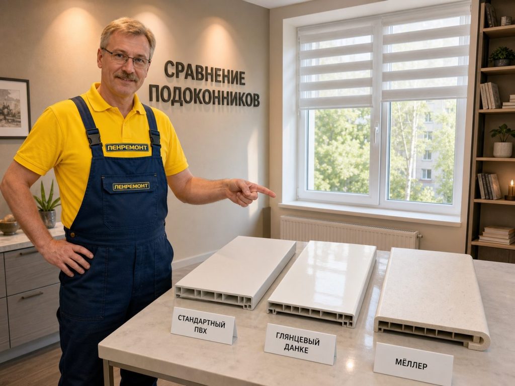 Образцы подоконников из ПВХ, акрила Danke и композита Moeller