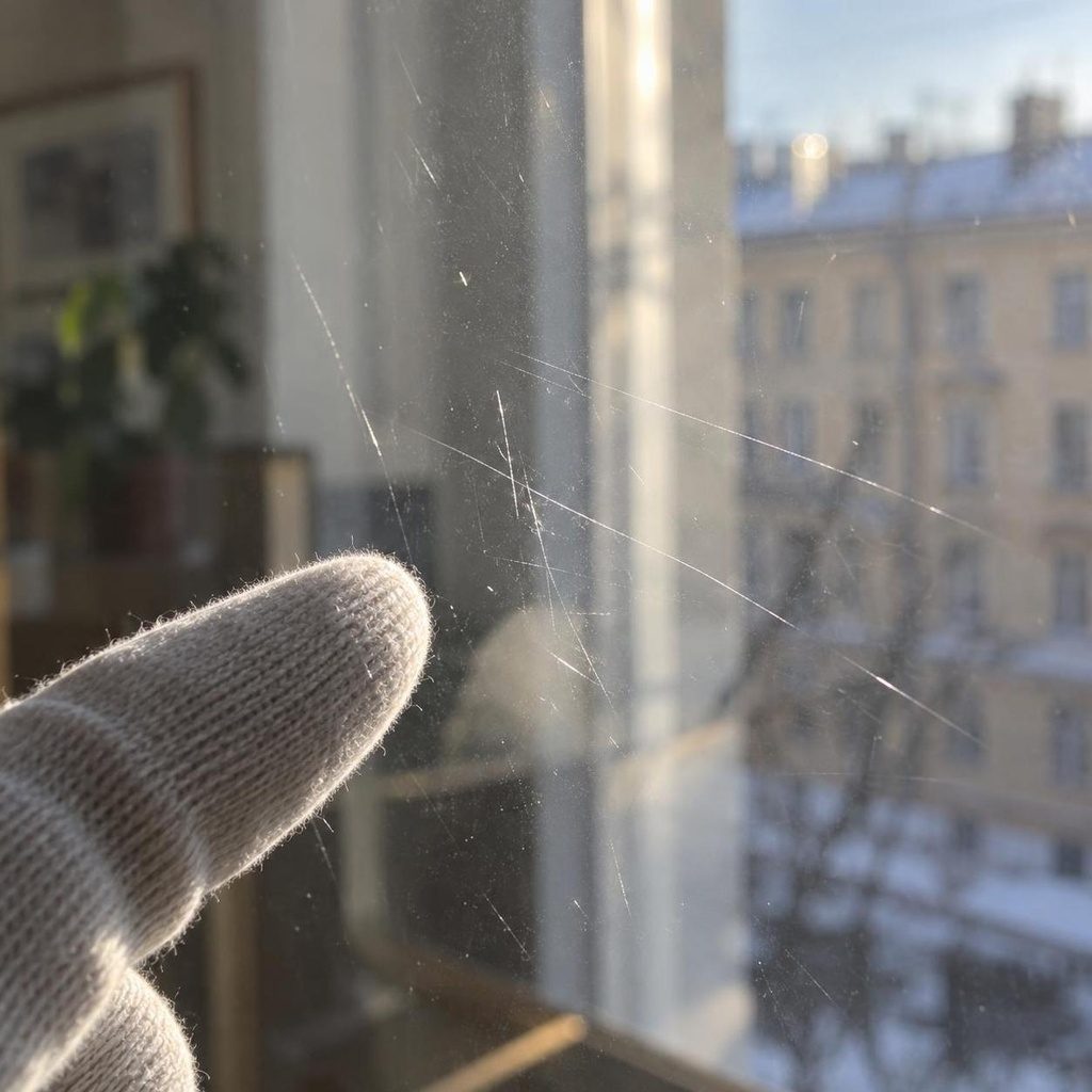 Поверхностная царапина на оконном стекле крупным планом