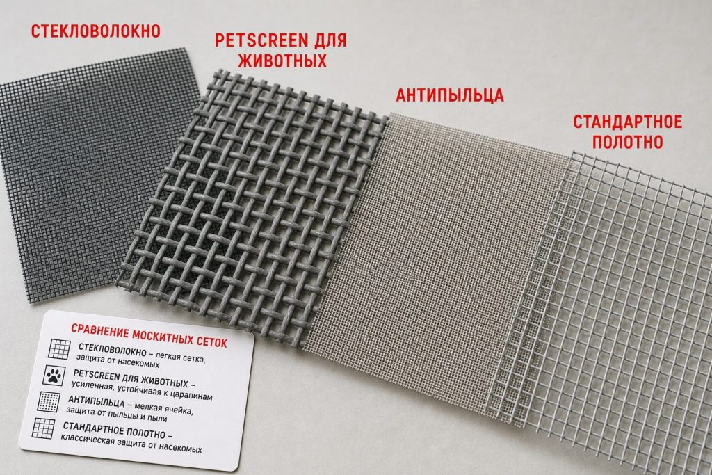 Сравнение полотен сеток Стандарт, PetScreen Антикошка и Антипыльца