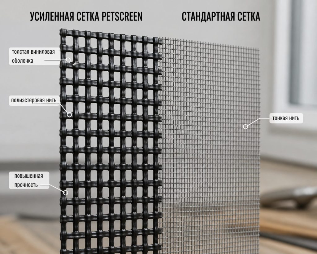 Структура нитей PetScreen крупным планом против обычной сетки