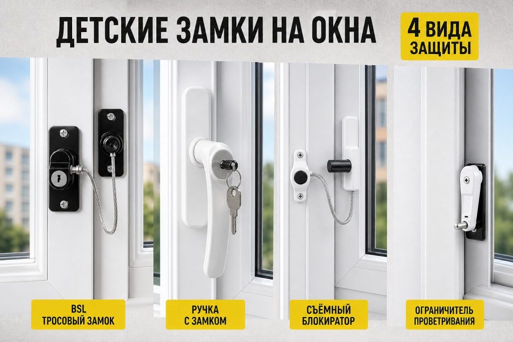 Сравнение четырех видов детской оконной защиты на стенде
