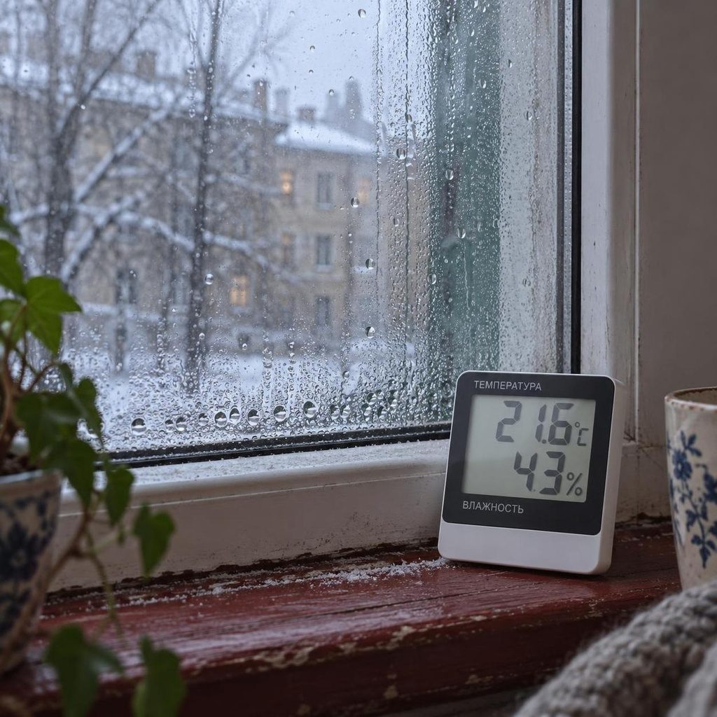 Гигрометр и конденсат на стекле пластикового окна