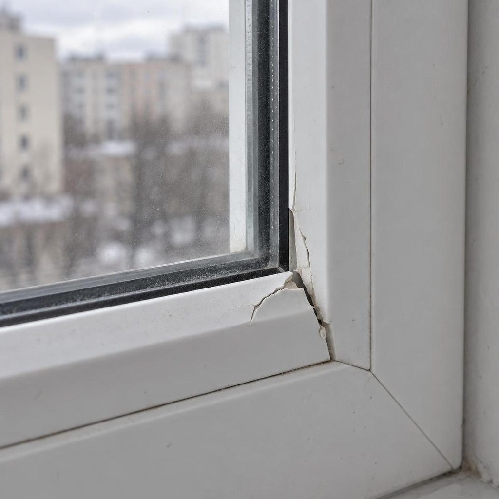 Треснувший и частично отделившийся оконный штапик в углу рамы ПВХ