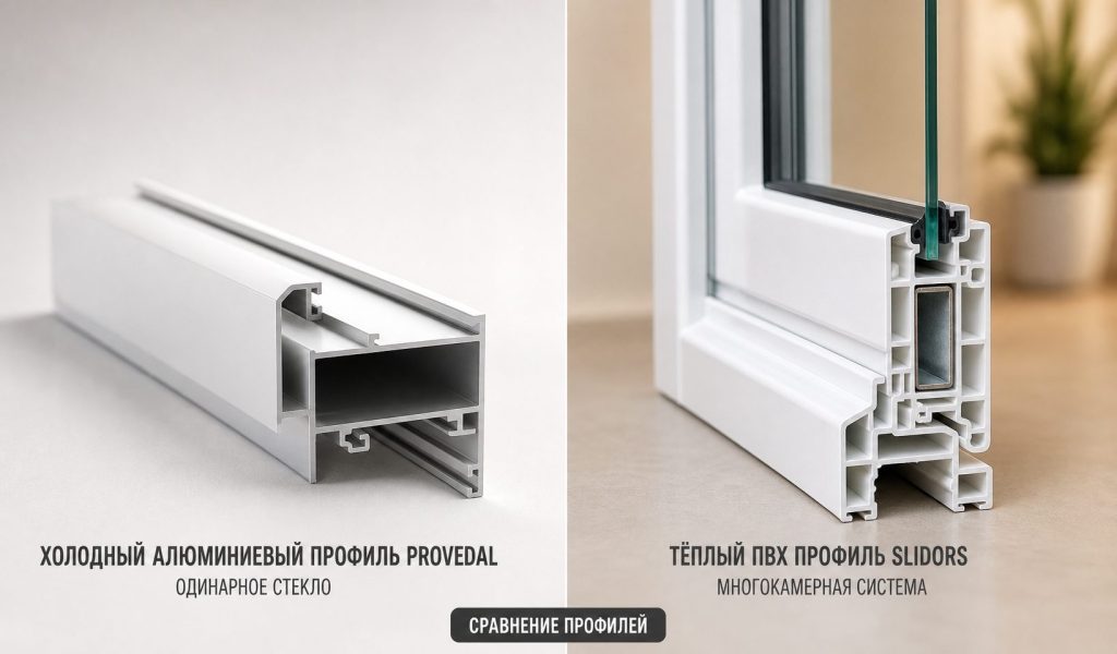 Срез холодного одинарного алюминиевого профиля и пластикового Slidors