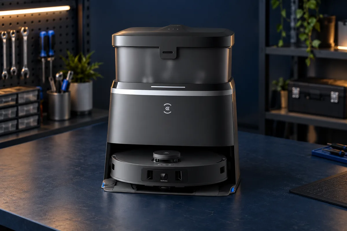 Робот-пылесос ECOVACS DEEBOT T30 OMNI на рабочем столе сервисной мастерской