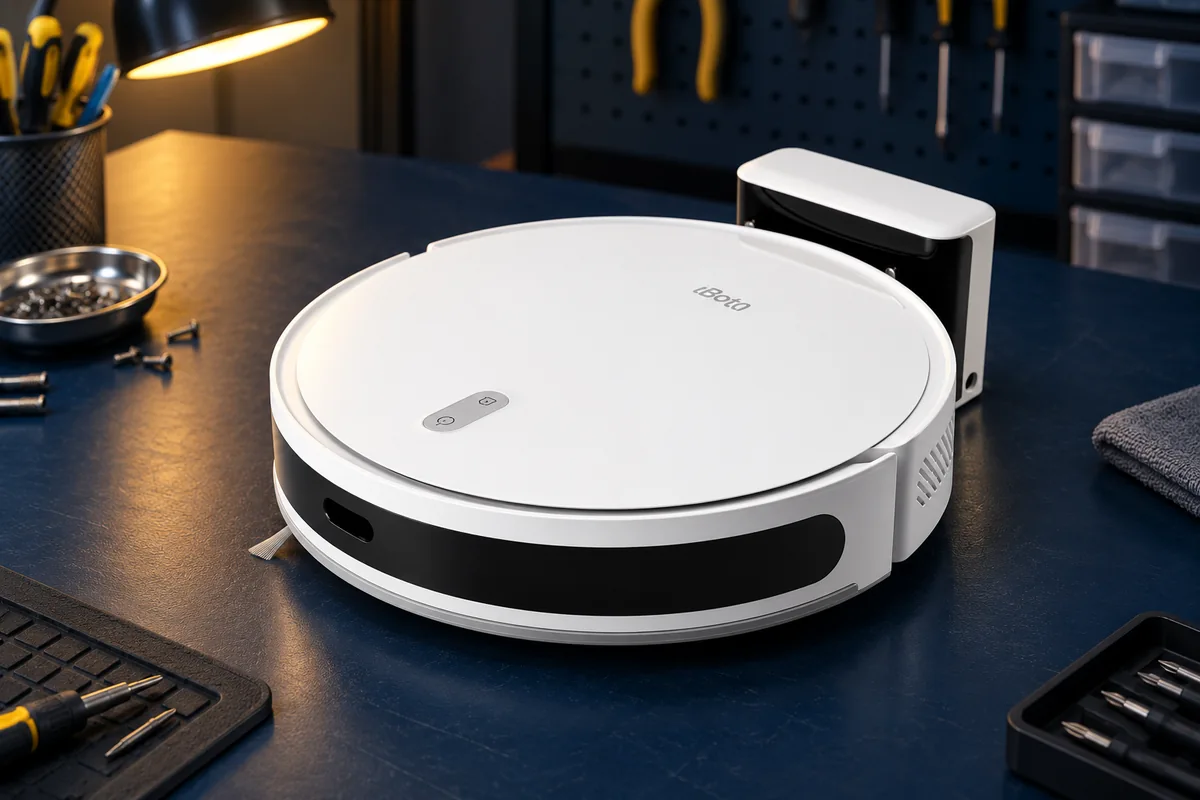 Робот-пылесос iBoto Smart X530 на рабочем столе сервисной мастерской