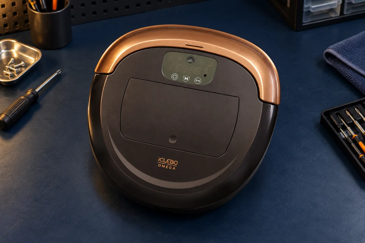 Робот-пылесос iCLEBO Omega Gold на рабочем столе сервисной мастерской
