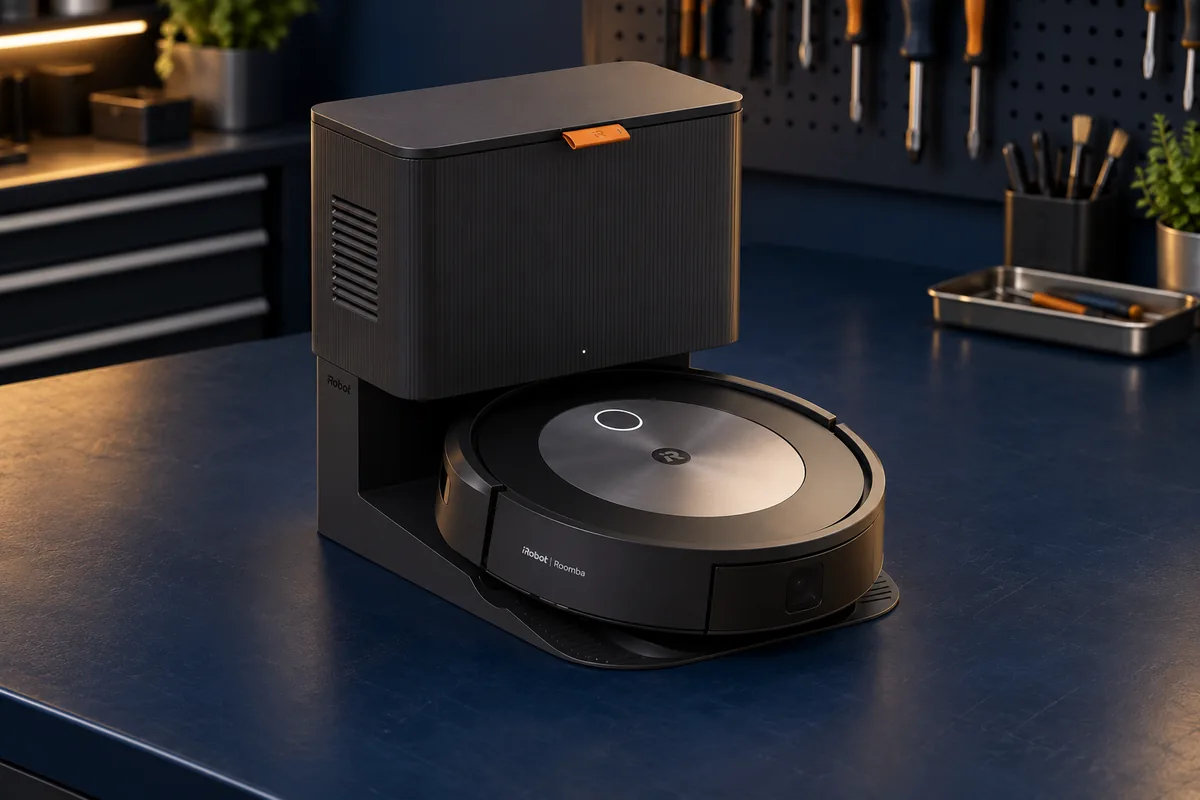 Робот-пылесос iRobot Roomba j7+ на рабочем столе сервисной мастерской