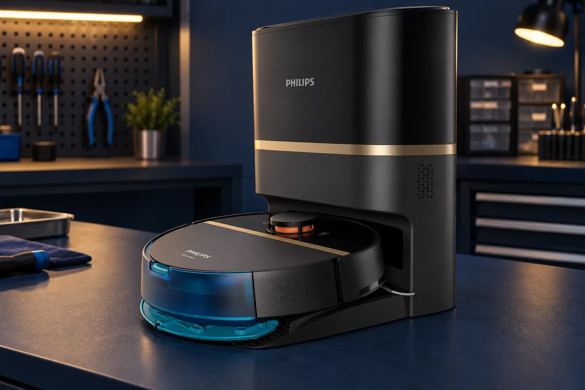 Робот-пылесос Philips HomeRun 7000 XU7100/01 на рабочем столе сервисной мастерской