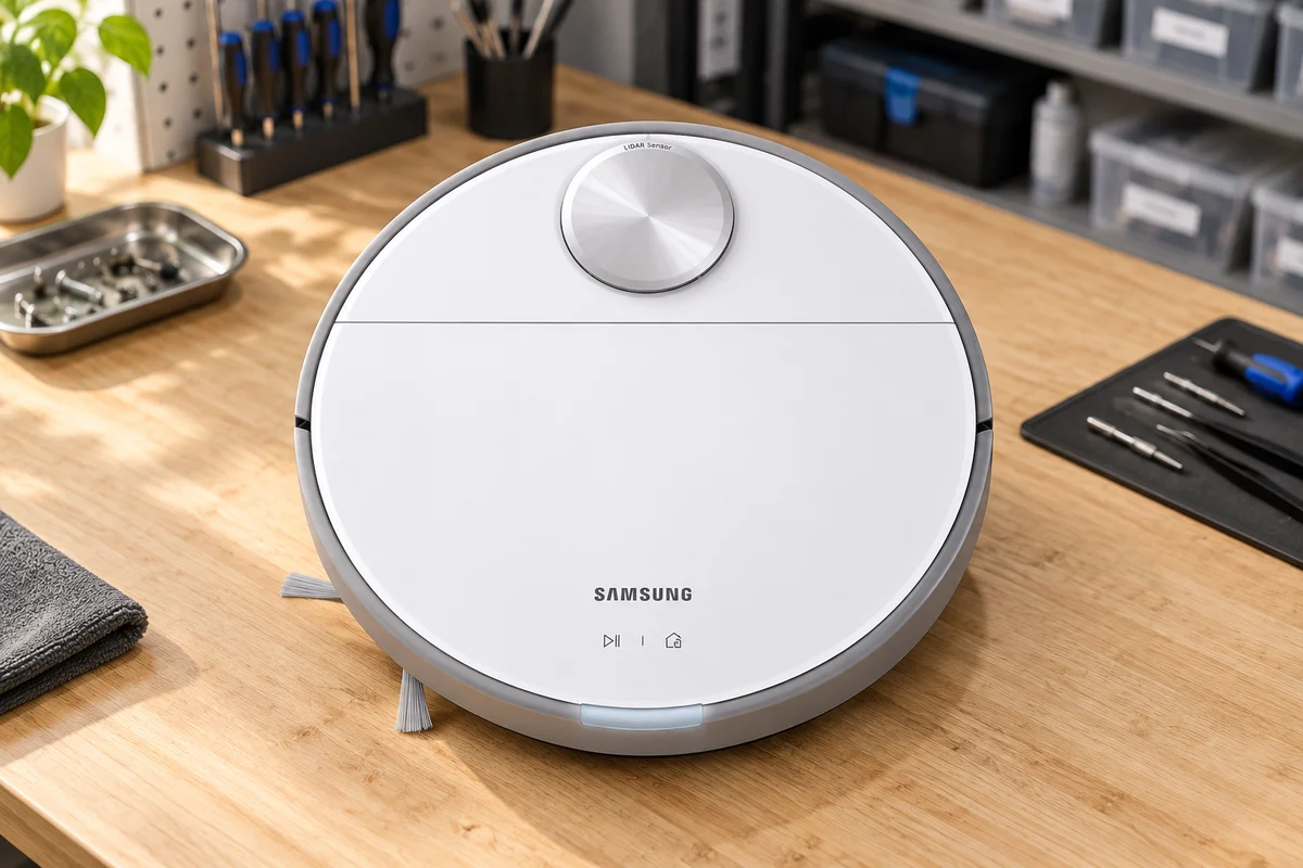Робот-пылесос Samsung Jet Bot VR30T80313W на рабочем столе сервисной мастерской