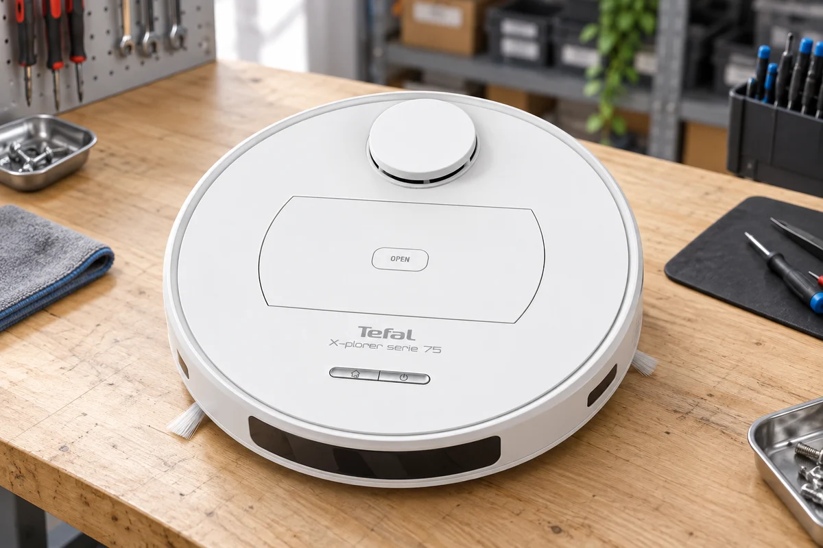 Робот-пылесос Tefal X-plorer Serie 75 RG7687WH на рабочем столе сервисной мастерской